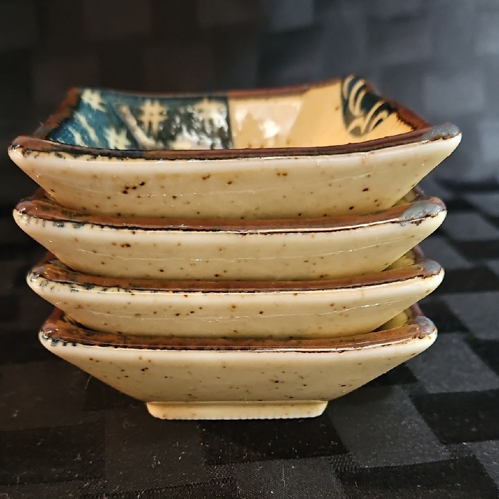 4 World Market Japanese Ceramic Dipping Bowls Blue/White Geometric Squares